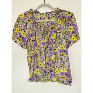 Jane & Delancey Women's BOHO Peasant Blouse Size S Purple Yellow Floral Pattern